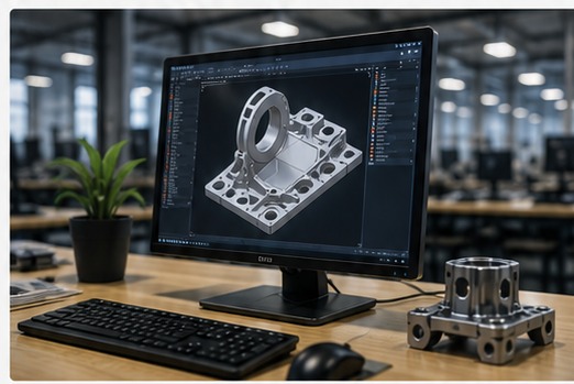 Fotorealistisk CAD-arbetsplats med konstruerad maskindetalj